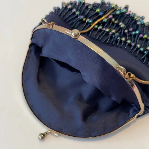 Vintage Navy Blue Satin Beaded Fringe Evening Bag Iridescent Oil Slick Kiss Lock - Picture 4 of 11